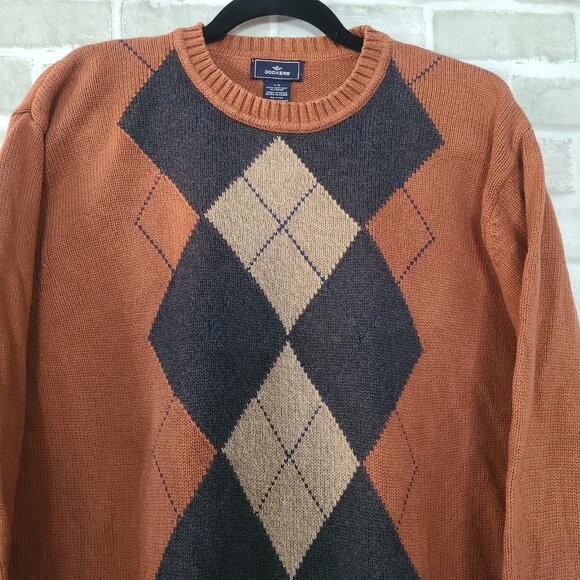 Dockers Mens Sweater Rust Color Knit Argyle Pullover 100% Cotton Large - Picture 1 of 7